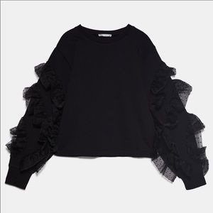Zara Black Dotted Mesh Ruffle Sweater Pullover S